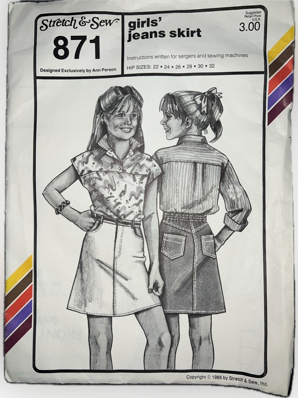 🍄VTG  Stretch & Sew 871 Uncut Pattern Denim Jean Skirt Girls Hip Size 22” to 42”